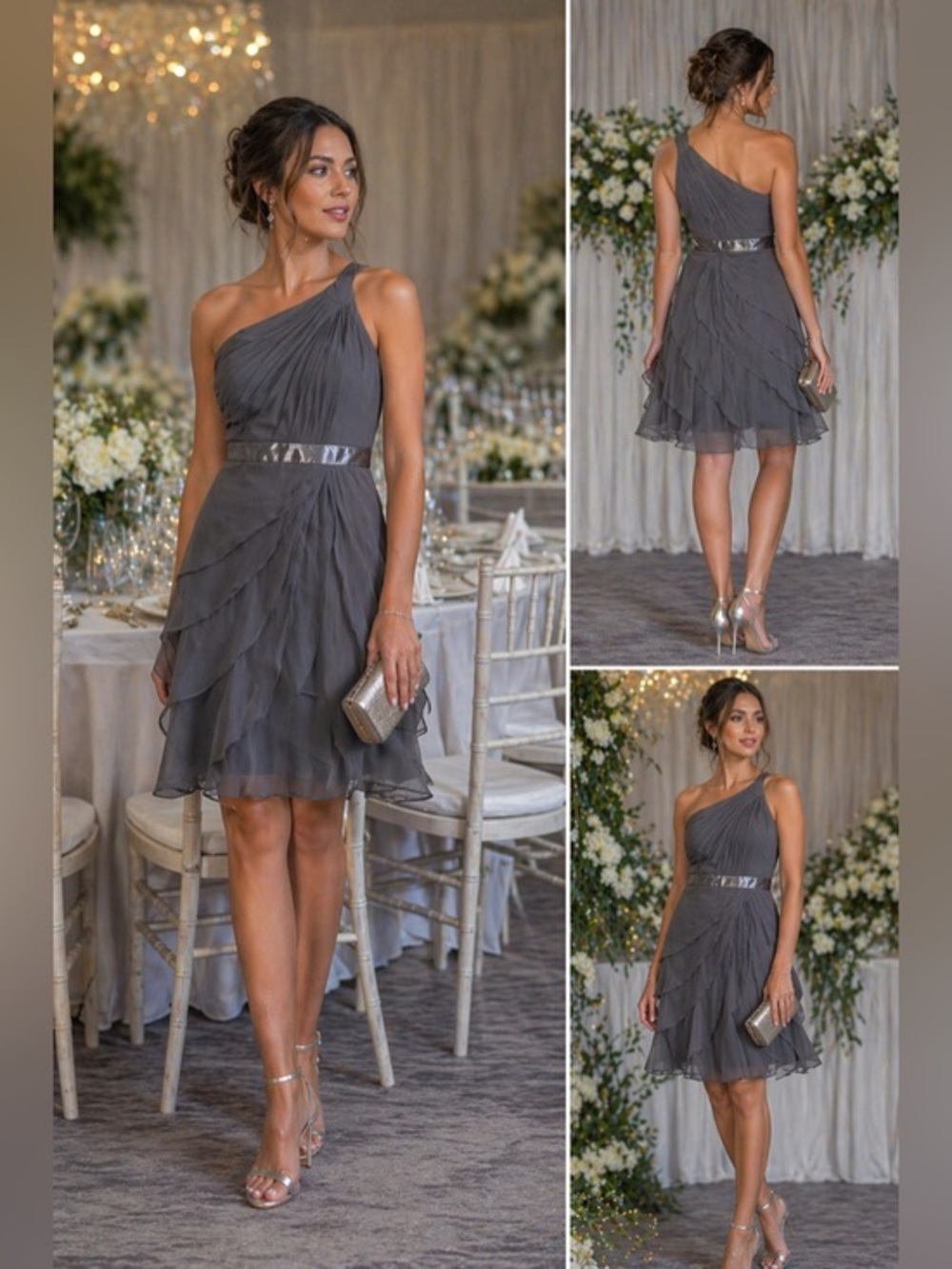 Adrianna Papell Draped One-Shoulder Flutter Chiffon Dress Size 8 NWT Silver Gray